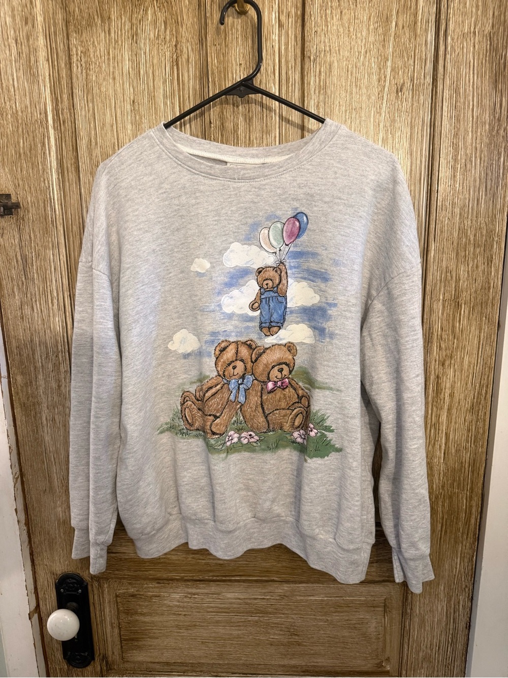 Basic Editions Light Gray Teddy Bear Graphic Crewneck Sweater